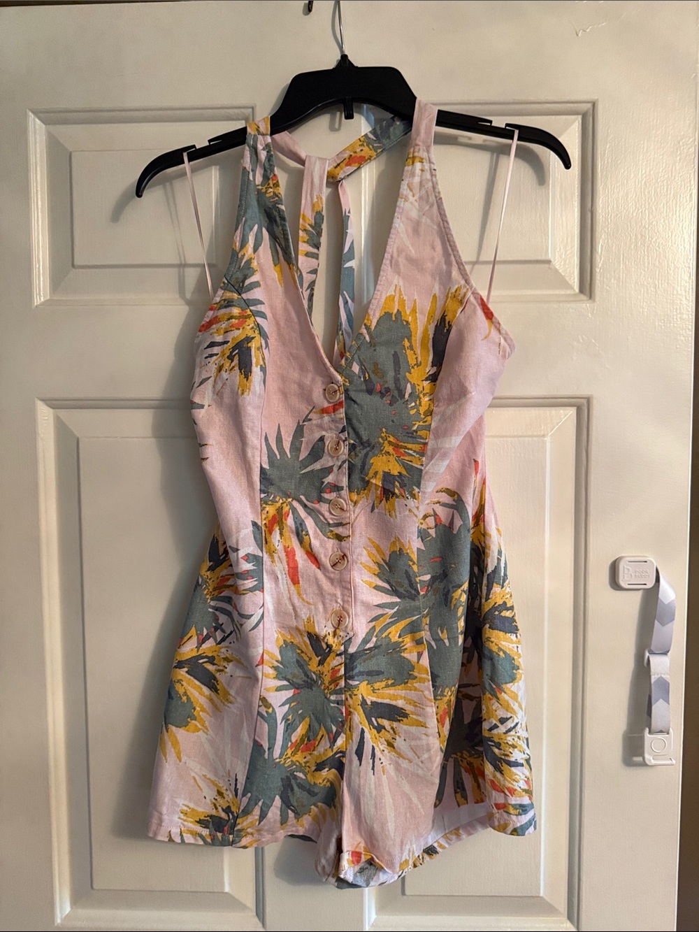 Sadie & Sage Pink Tropical Halter Romper with Button Front